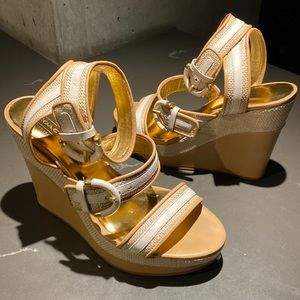 Coach Gold & White Woven Wedge Heels